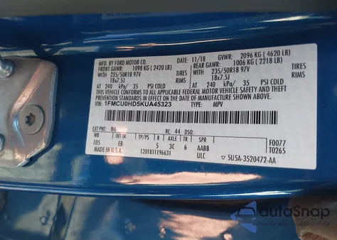 2019 Ford Escape Sel z USA, uszkodzony, nr VIN 1FMCU0HD5KUA45323